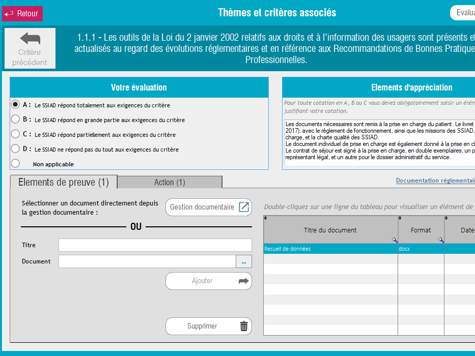 Evaluation d'un critère